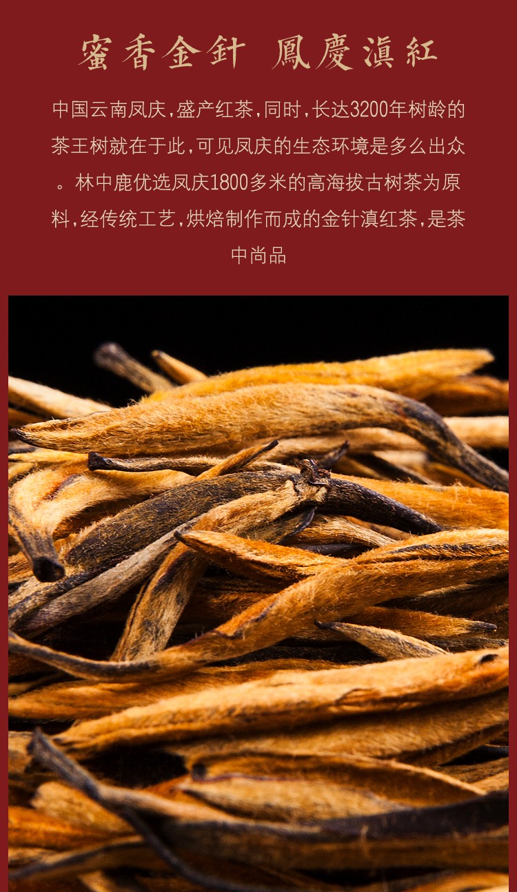 林中鹿茶叶滇红茶蜜香大金针云南凤庆原产2021春茶大金针茶叶滇红工夫
