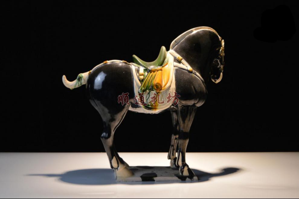 顺通礼坊 唐三彩中国马黑马摆件中式复古陶瓷艺术品客厅装饰生日礼物