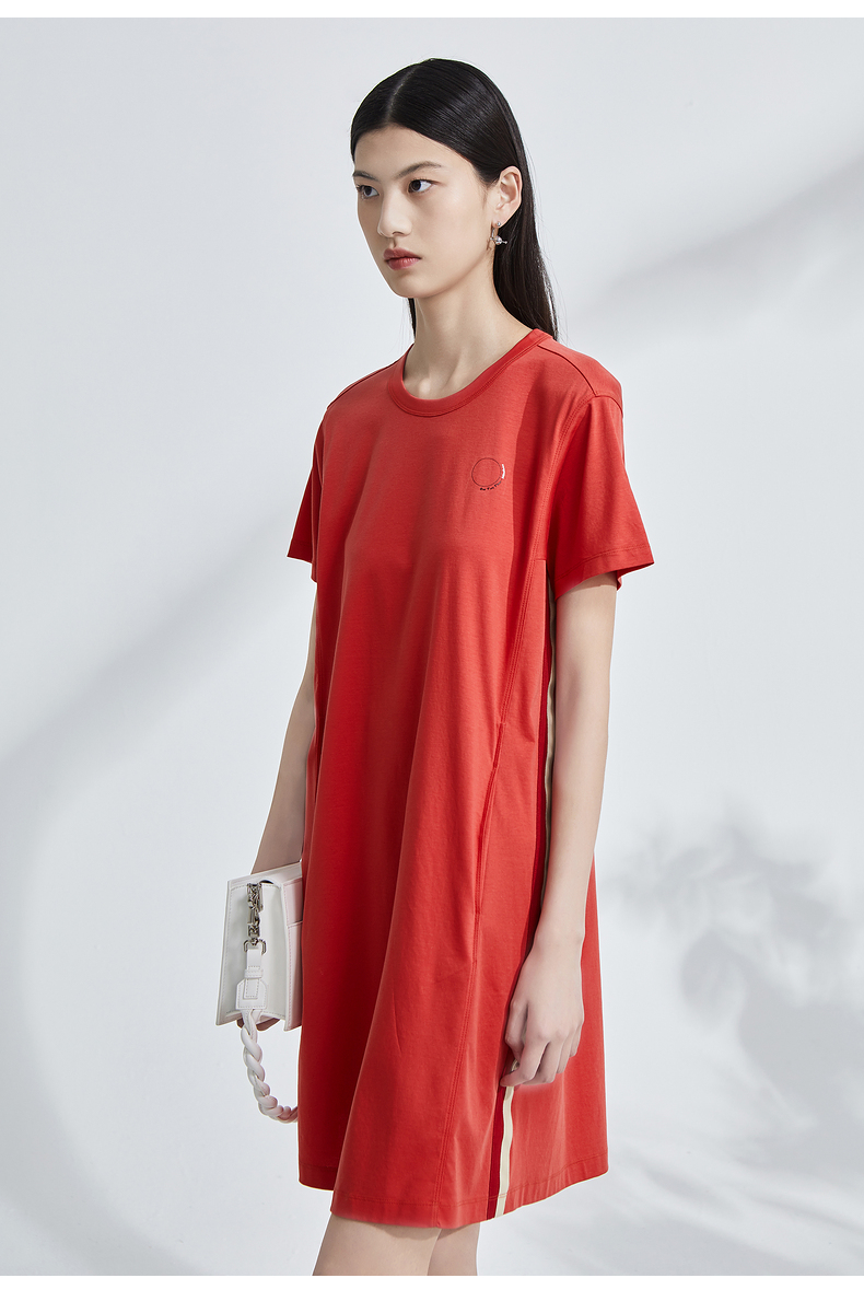 ott原创轻奢女装夏新品绯红色休闲撞色全棉丝光针织t恤裙女纯色绯红l