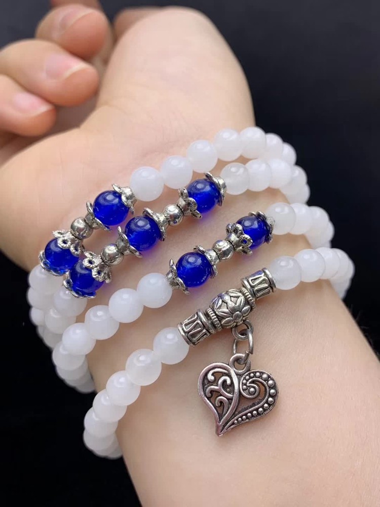 顶盈新疆和田产白玉珠子手链男女款多圈手串羊脂白天然佛系珠链图片色