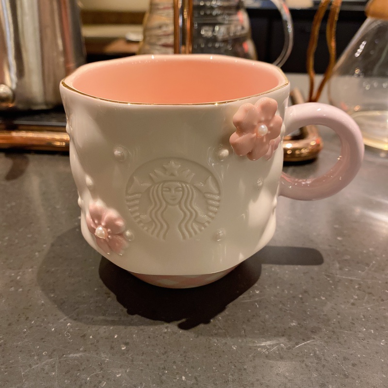 星巴克杯子2021樱花季粉白金樱圆饼包马克玻璃杯吸管保温随行水杯290