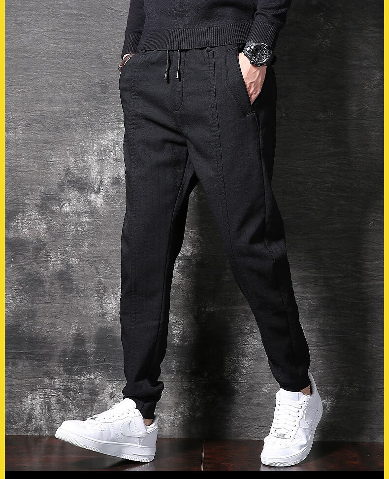 蒙口轻奢男装秋冬季加绒加厚男士休闲裤高端轻奢暗纹提花修身束脚裤子