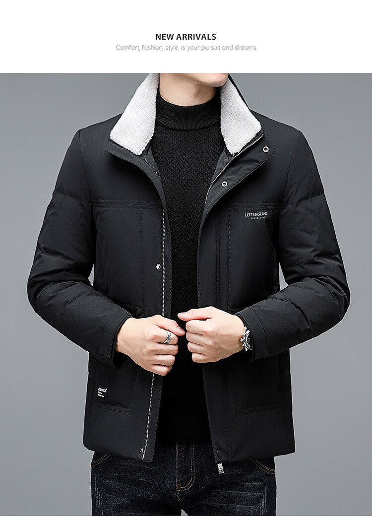 eopn品牌-白鸭绒羽绒服男短款外套男可脱卸纯羊毛领立领保暖 深卡其色