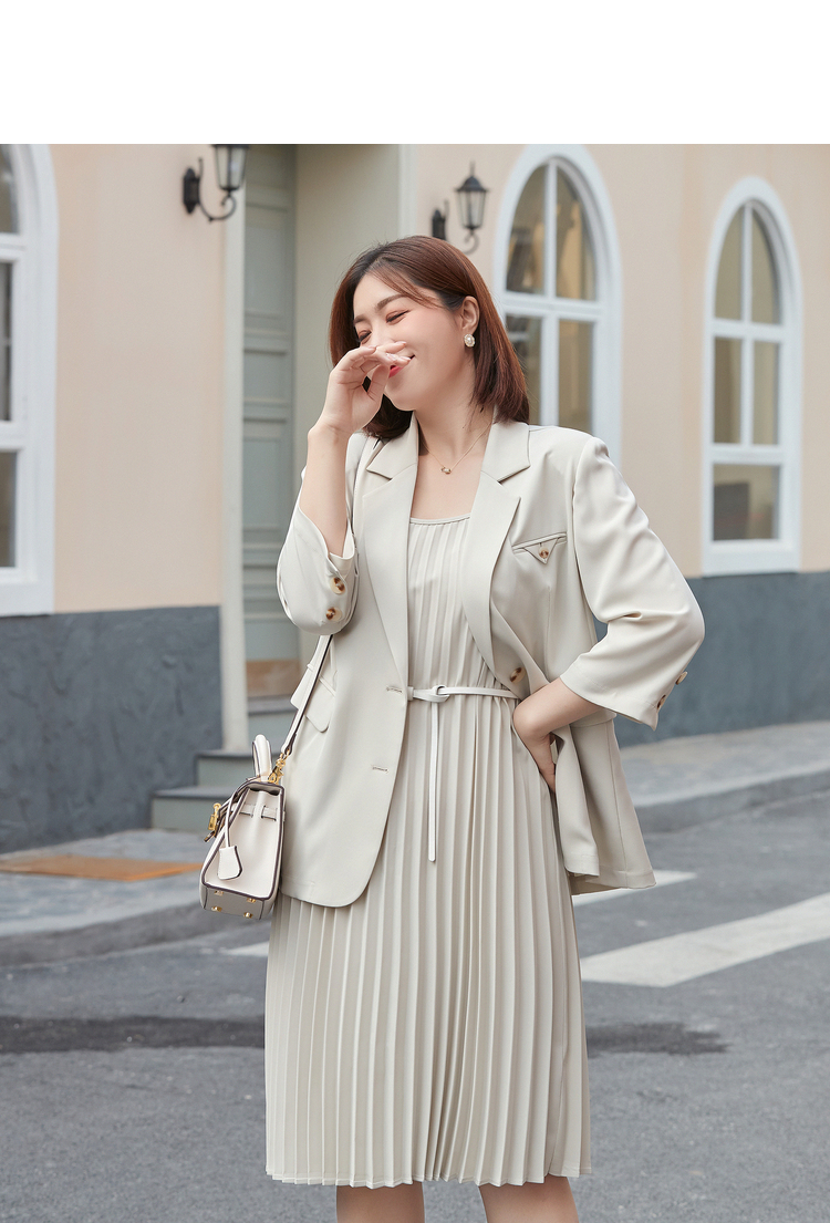 新款大码女装胖mm西装外套搭吊带连衣裙搭阔腿裤套装005 杏色(连衣裙)