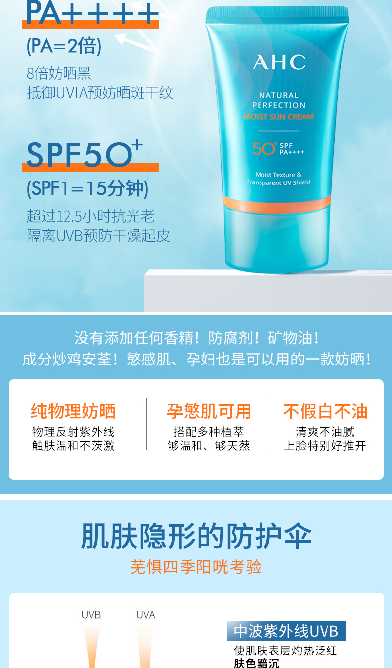 韩国ahc防晒霜乳小蓝瓶隔离清爽保湿蓝精灵面部身体户外50ml