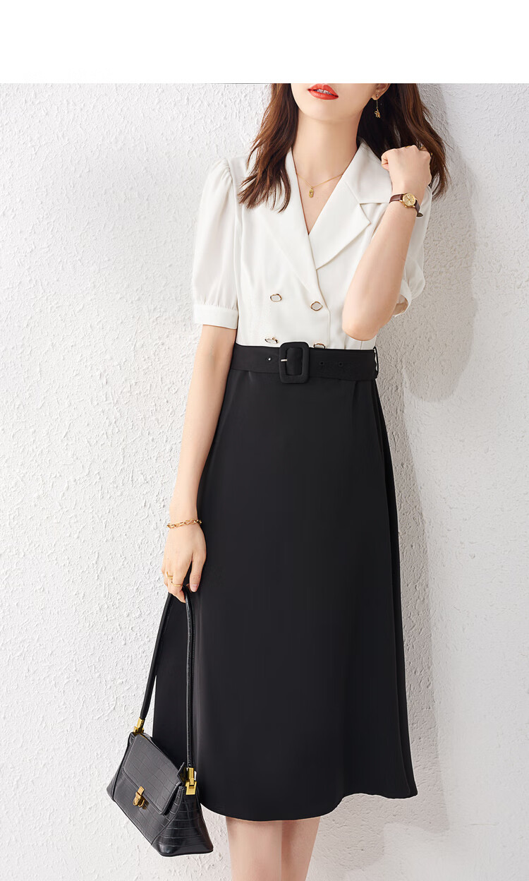 尚都比拉黑白撞色双排扣中长西装连衣裙女夏季收腰显瘦气质裙子 黑配
