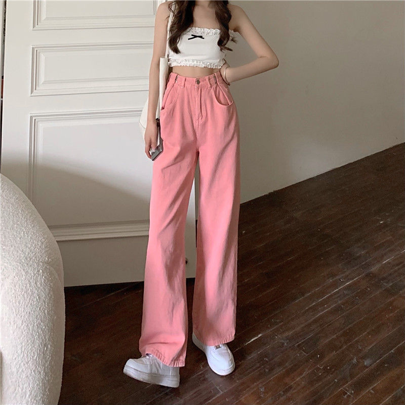 春夏款粉色牛仔裤女2022韩版直筒宽松阔腿裤高腰显瘦休闲裤可调节粉色