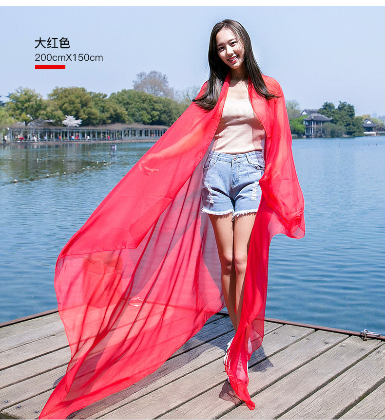 女春季百搭妈妈超大雪纺纱巾春秋长款纯色披肩围巾红色长1米5x宽1米5