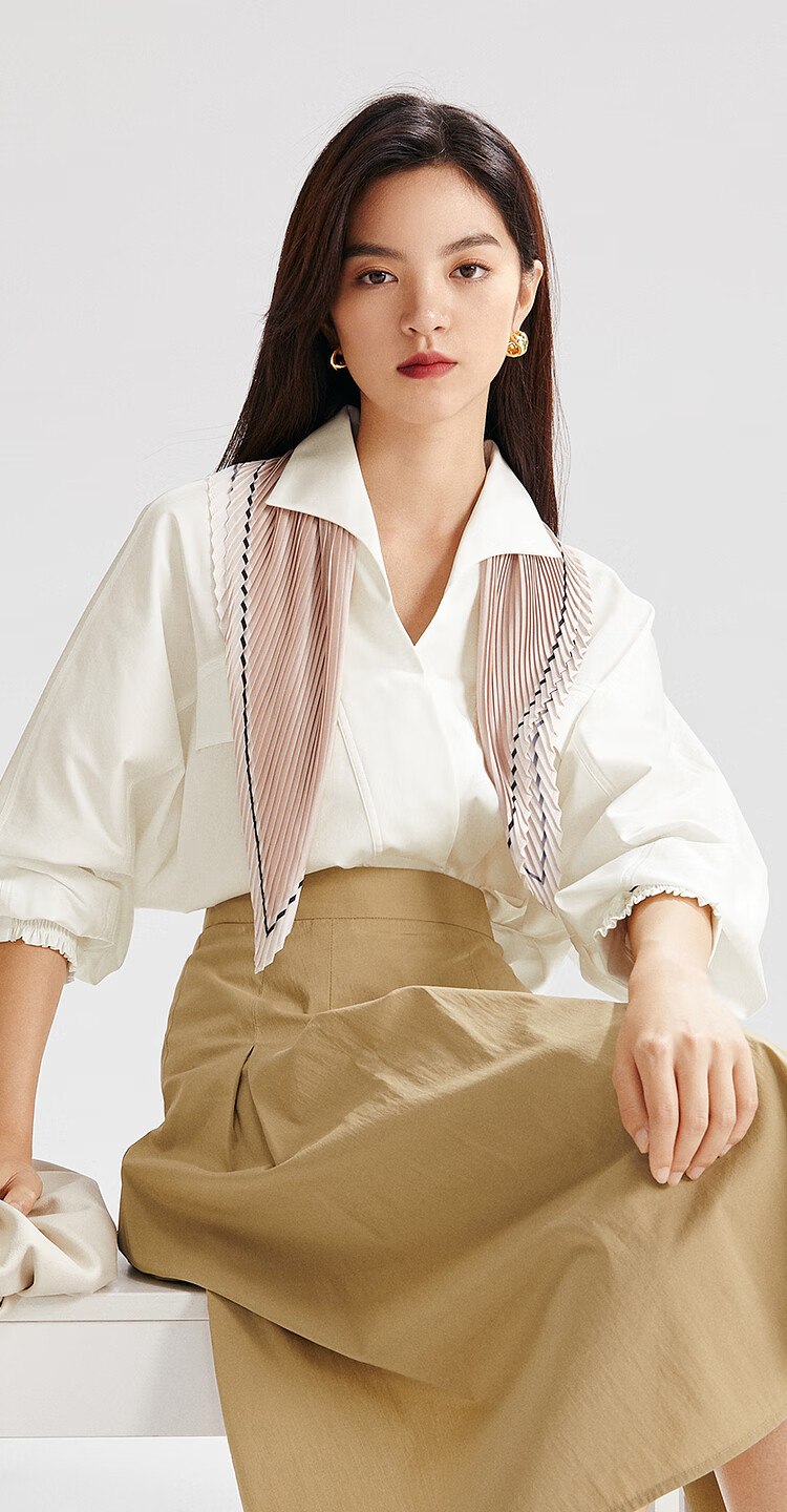 【轻奢系列】伊芙丽宽松百搭衬衫女2021新款秋装女士白色v领衬衣 本