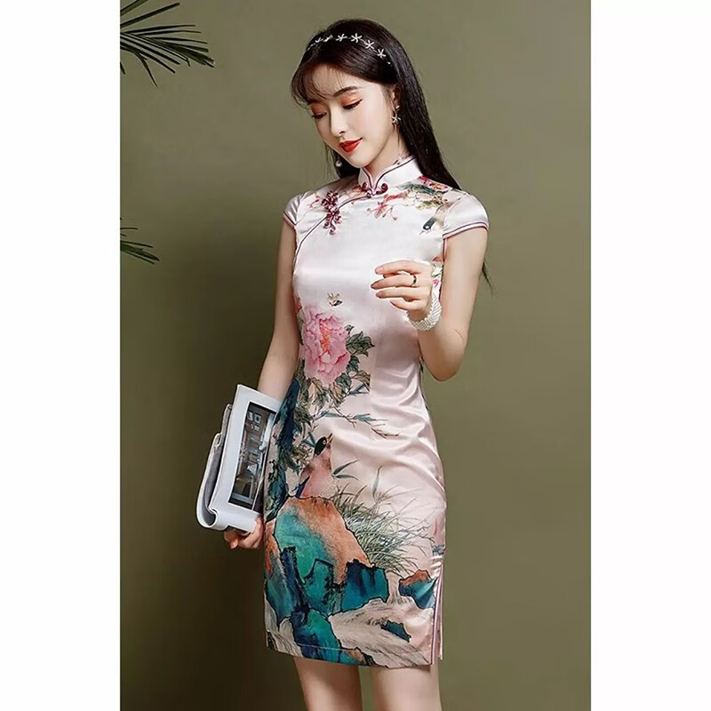 真丝旗袍裙女短款2021新款民国风复古气质改良桑蚕丝旗袍连衣裙日常可
