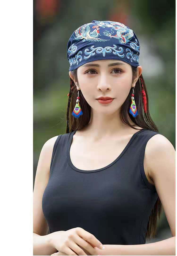 新品遮白发帽子民族风绣花帽子女士头巾帽复古包头帽休闲旅游头巾帽
