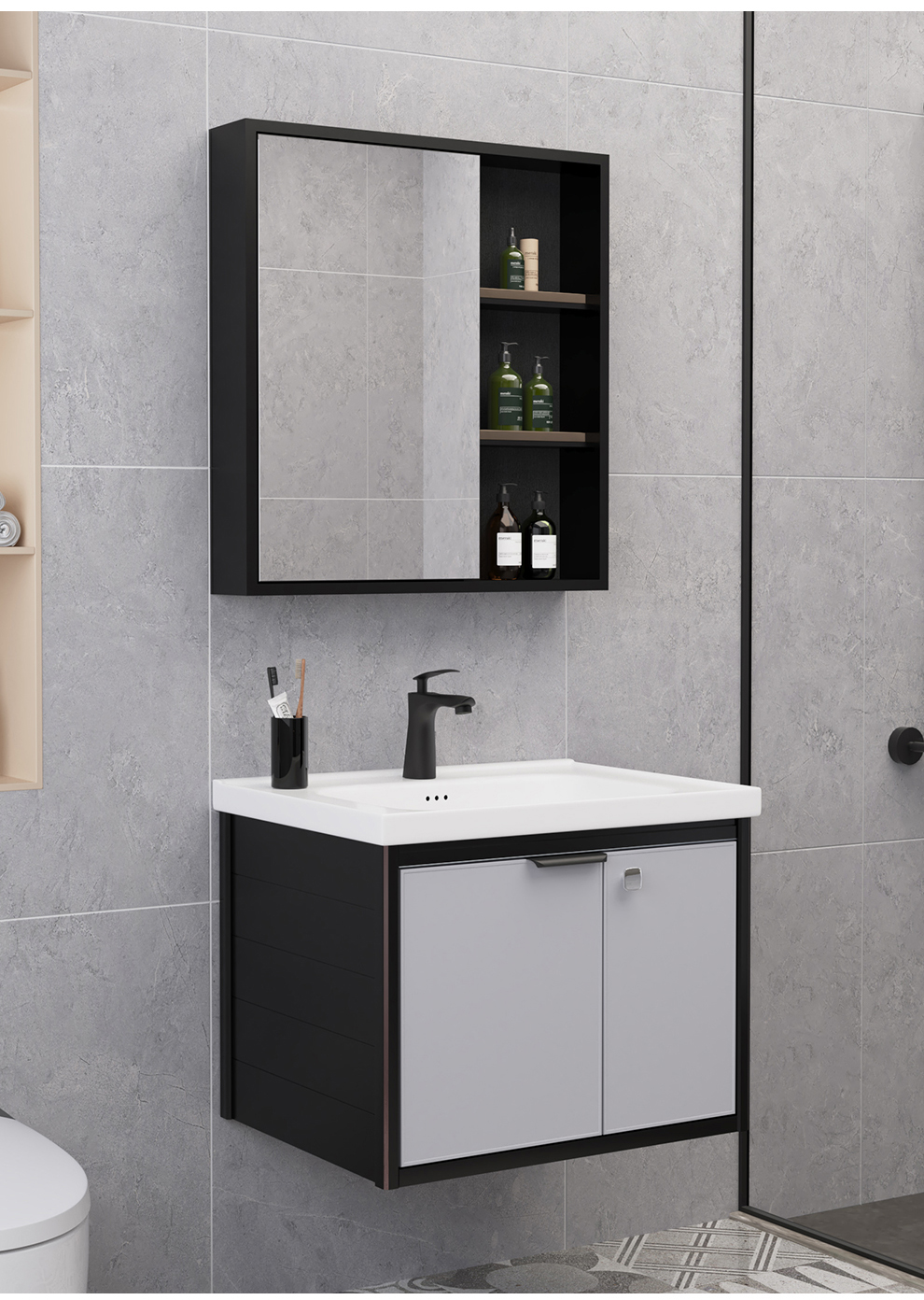 念佳太空铝浴室柜洗手盆洗漱台卫生间洗脸盆柜组合台盆面盆双门镜柜加