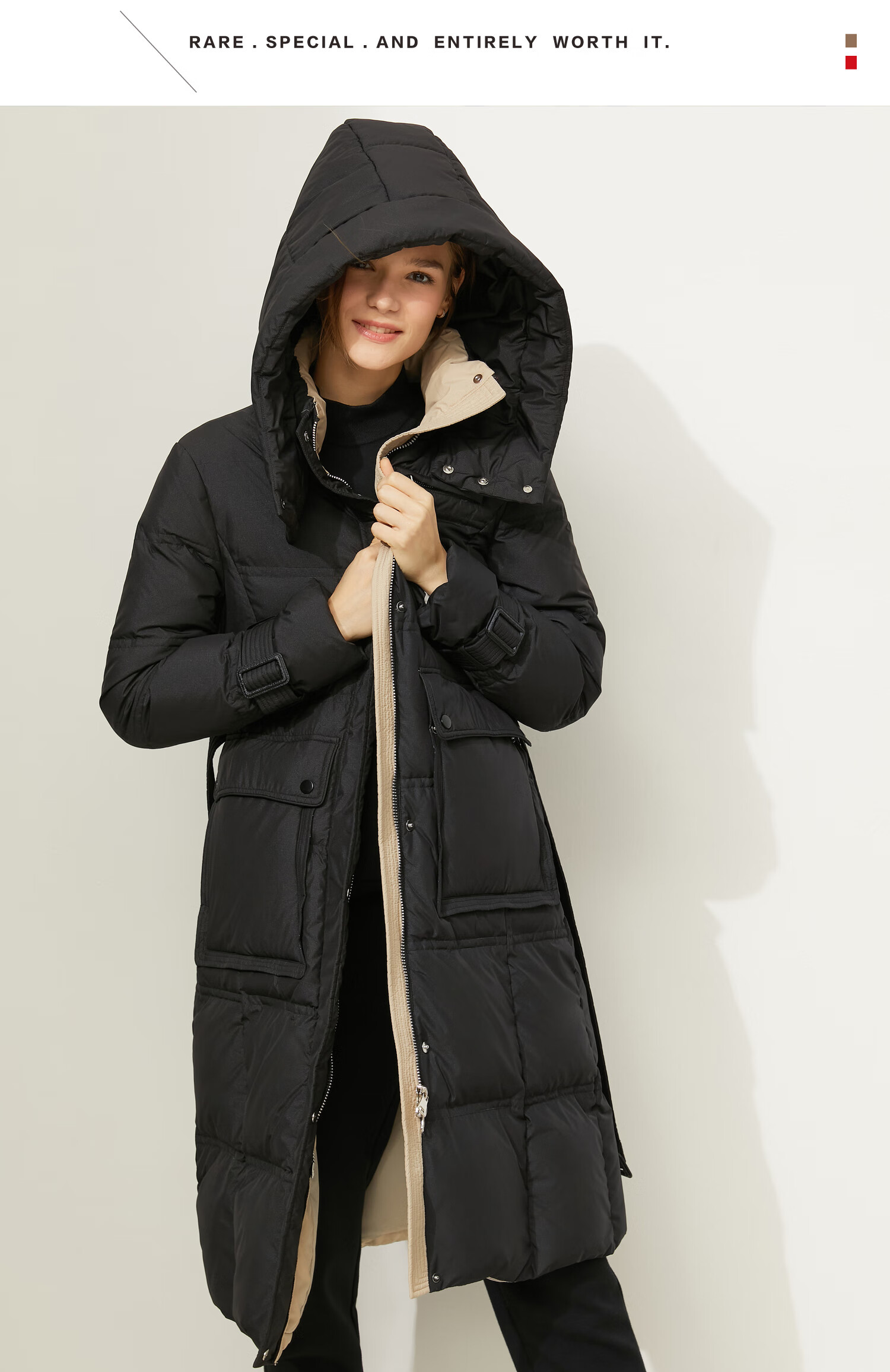 amii2021秋冬新款工装风羽绒服功能科技石墨烯系带加长款外套女 米白 