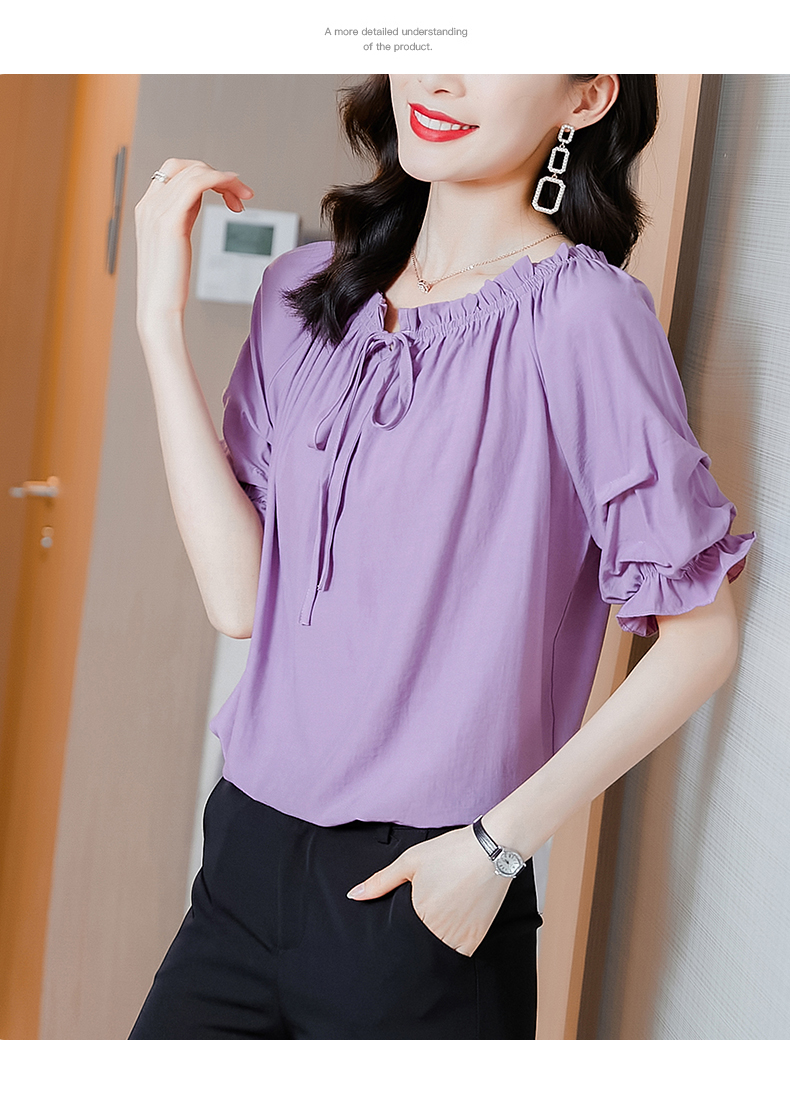欧贝汐女土衫衣时尚雪纺衫短袖上衣甜美夏短款洋气小衫紫色xl
