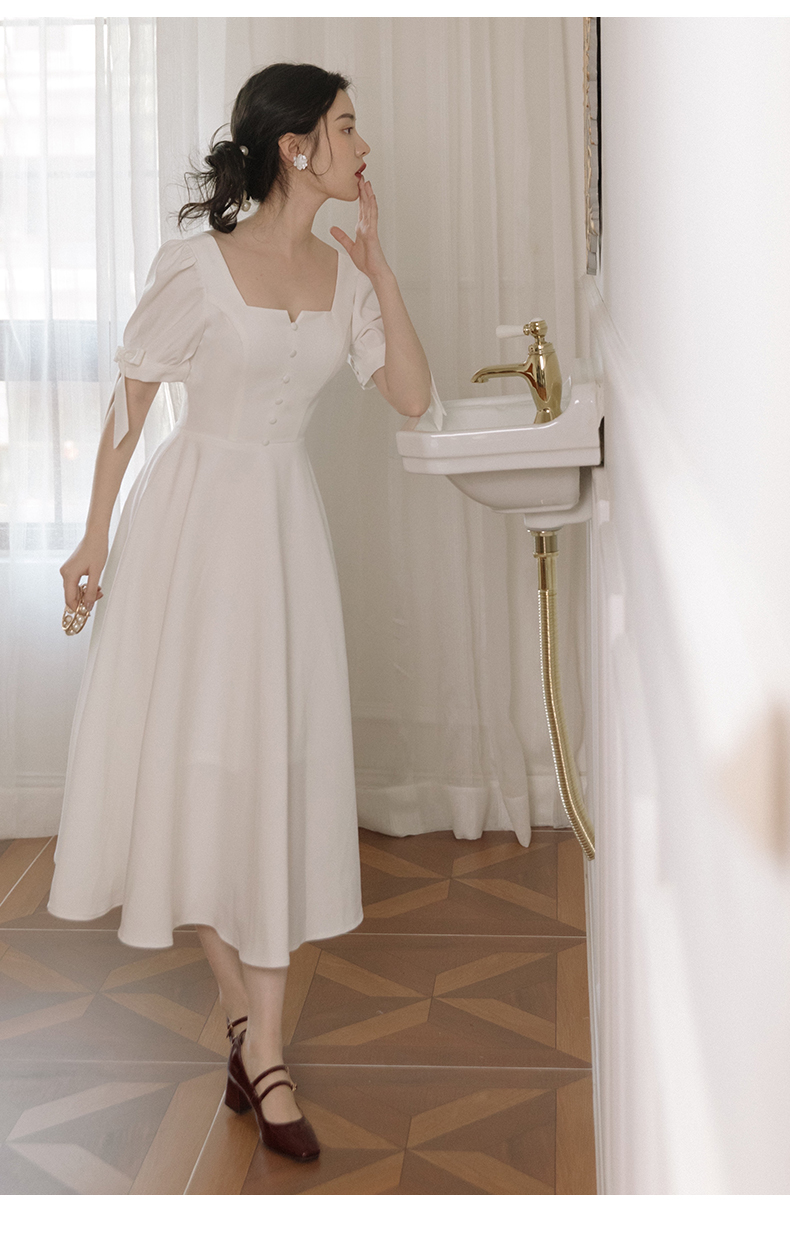 侣扁2021新款夏法式复古裙文艺温柔风翩跹白天鹅短袖连衣裙白色s