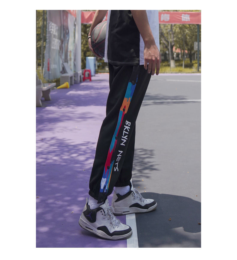 篮网排扣裤热身束脚运动全开排扣裤男欧文哈登同款休闲篮球训练裤kb