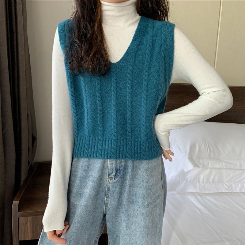 洋气小麻花毛衣马甲女学院风针织背心外套无袖坎肩v领上衣打底衫