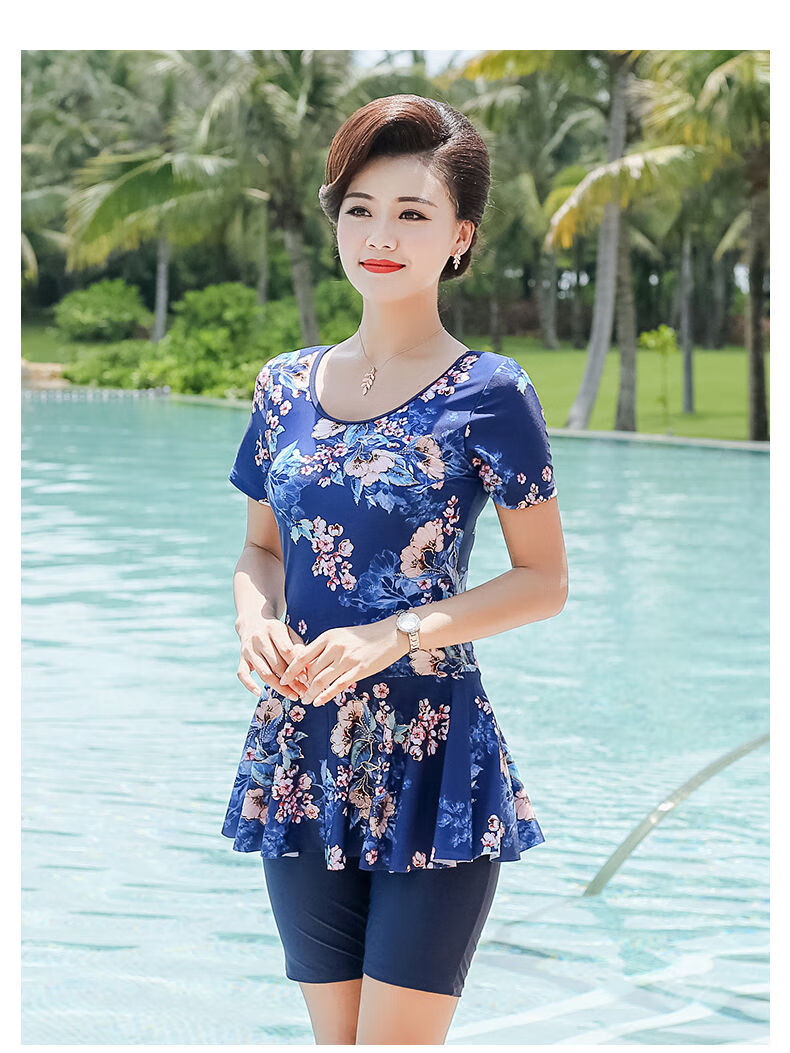 现货现发泳衣女保守分体遮肚显瘦中老年人泡温泉款大码女士游泳衣妈妈
