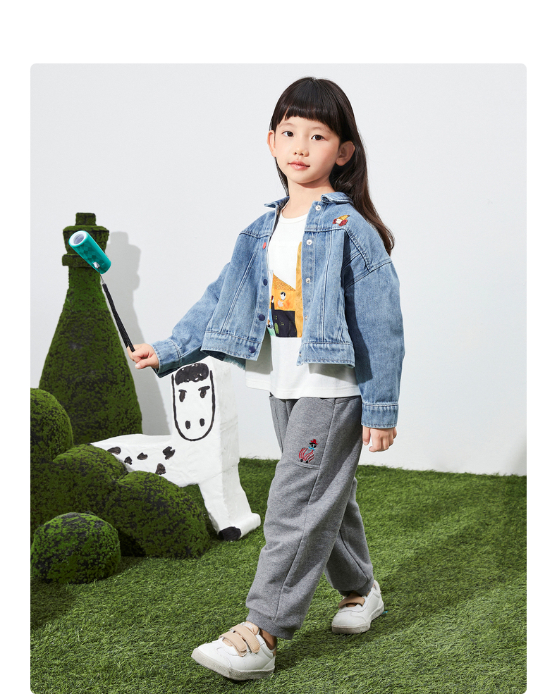 马拉丁童装女大童牛仔外套2021秋季新款趣味装饰个性毛边牛仔衣 牛仔