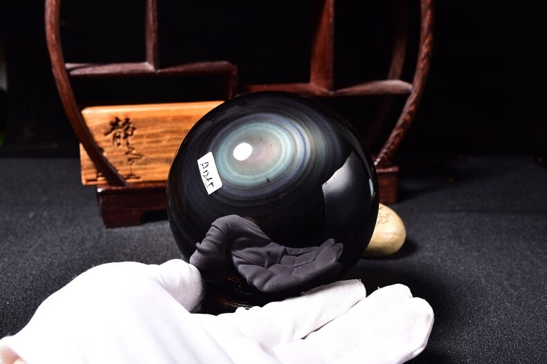 天然黑曜石球彩虹双眼整块原石切割打磨黑水晶球摆件 a1169#0.11kg4.