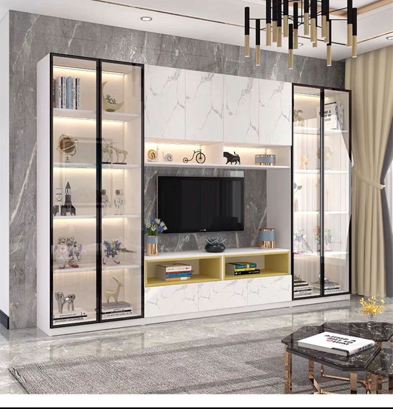 华艺智家现代简约电视柜背景墙组合柜子客厅展示柜玻璃柜轻奢多功能带