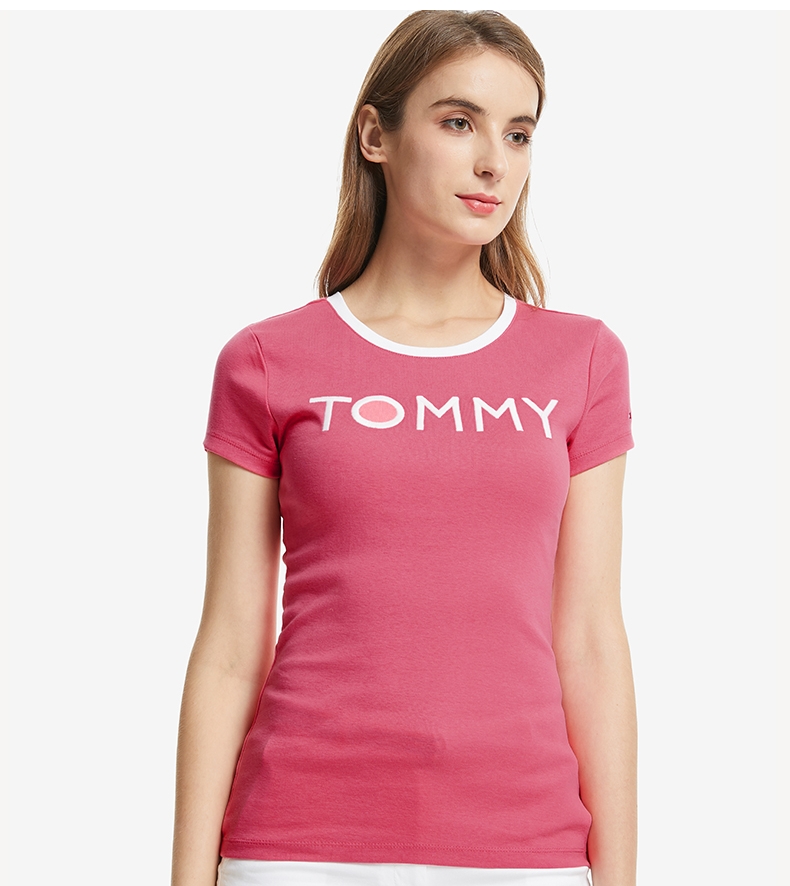 tommy 21新款春夏女装简约通勤纯棉字母刺绣微弹短袖t恤j0977 黑色001