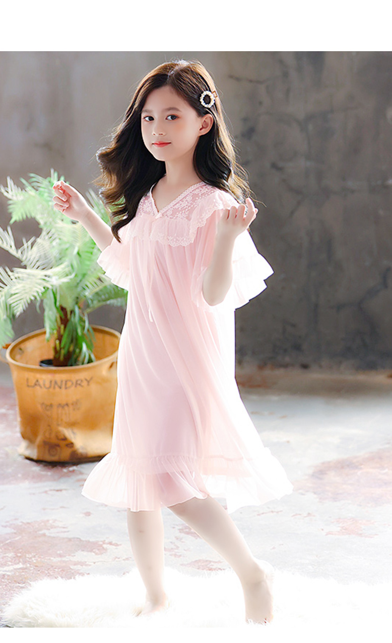 女童睡衣夏季儿童薄款短袖蕾丝莫代尔睡裙小女孩宫廷风子家居服白色