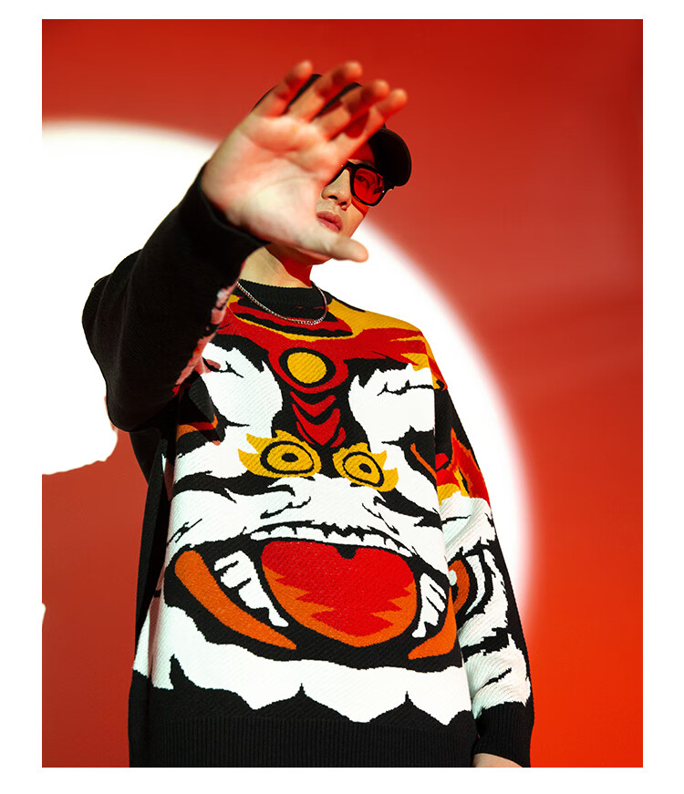 天龙致尊denonsupreme针织衫男女潮牌国潮醒狮印花oversize宽松大码