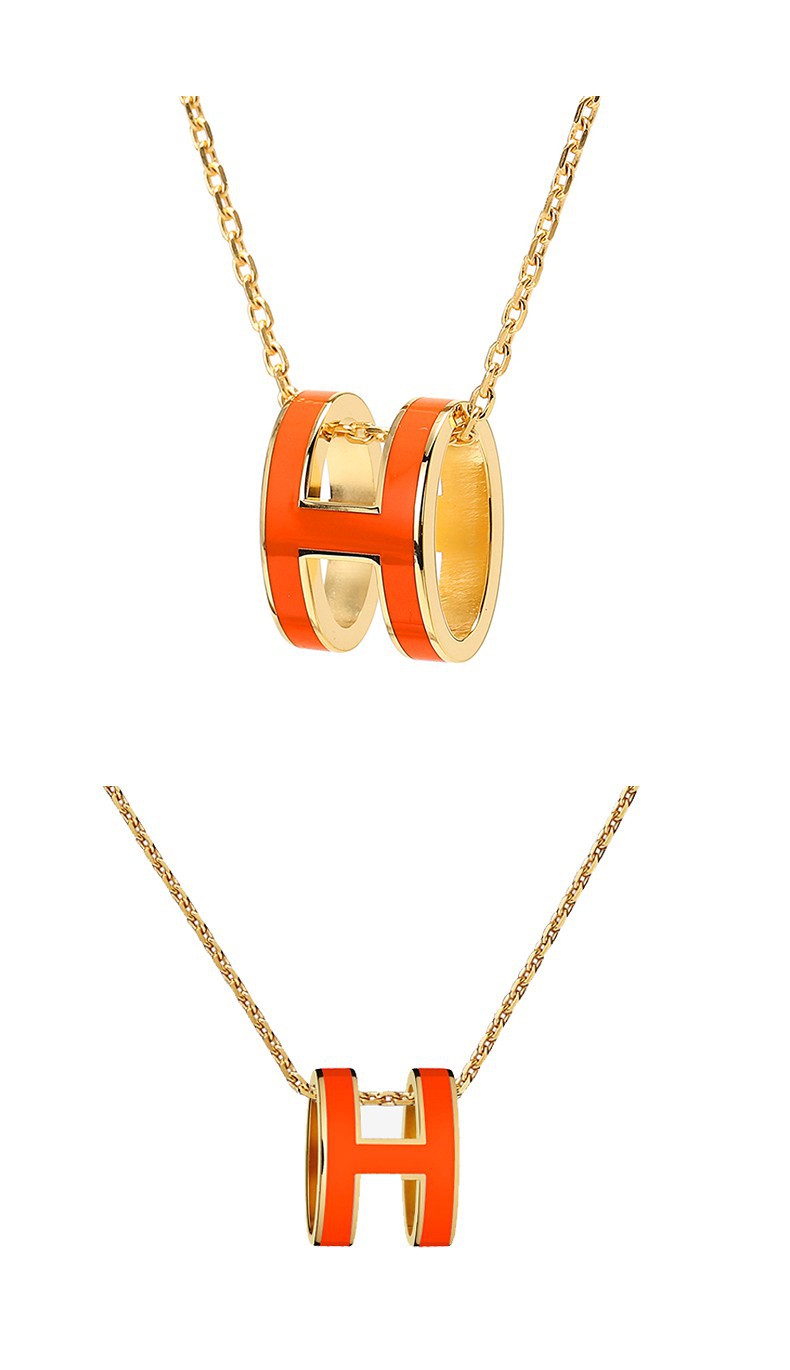 hermes爱马仕项链女 橙色项链pop项链经典h吊坠 珐琅橙色项链女士
