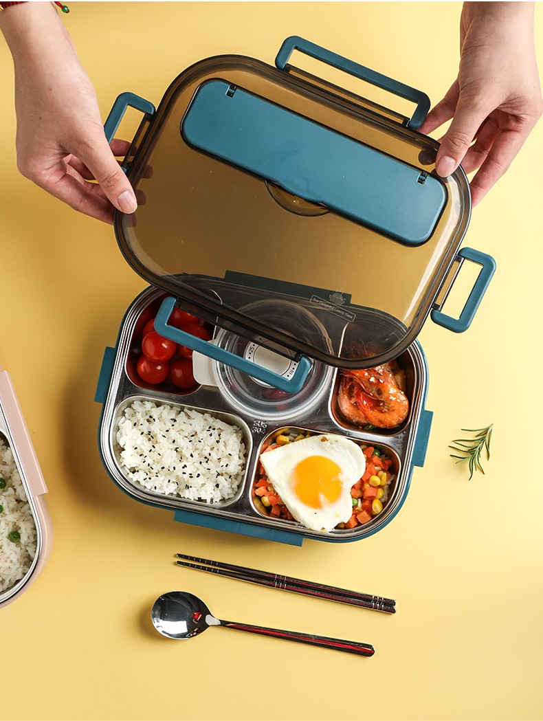 304不锈钢分格饭盒小学生专用餐盒套装上班族便携保温便当盒 黄色五格
