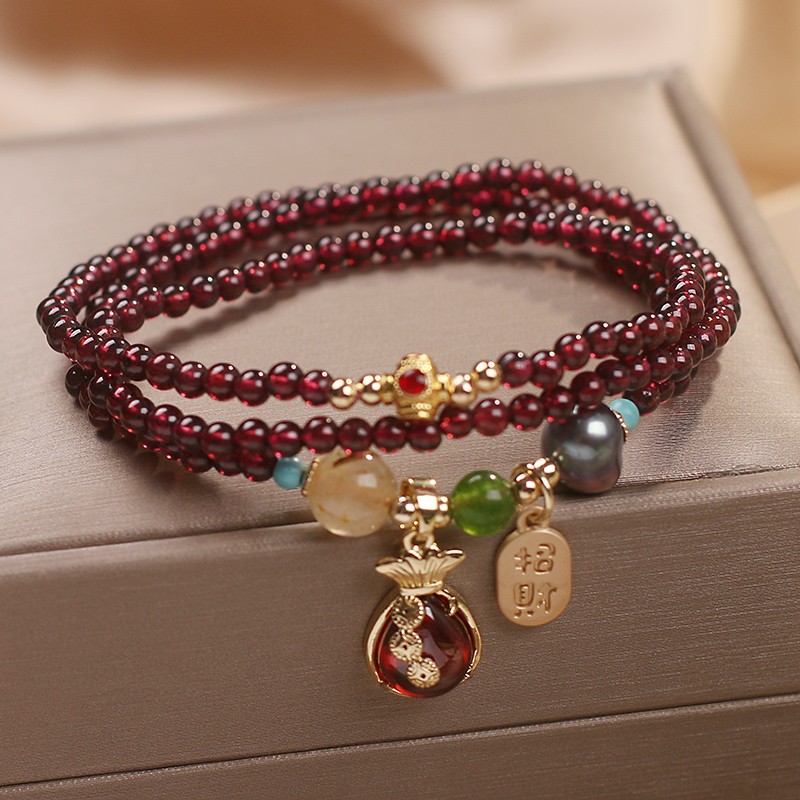 招财石榴石水晶串珠手链女手环网红古风多层闺蜜礼物手串首饰酒红色
