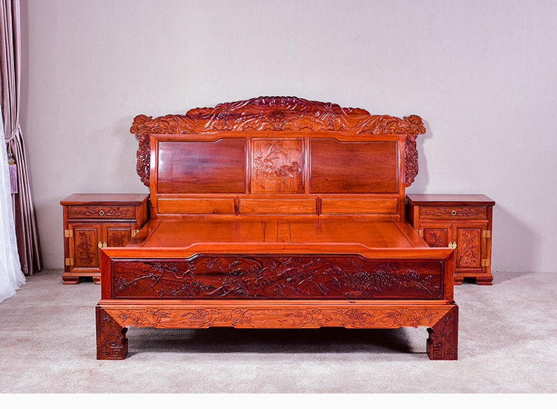 宁煊红木家具缅甸花梨学名大果紫檀木大脚高低床卧室中式实木双人古典