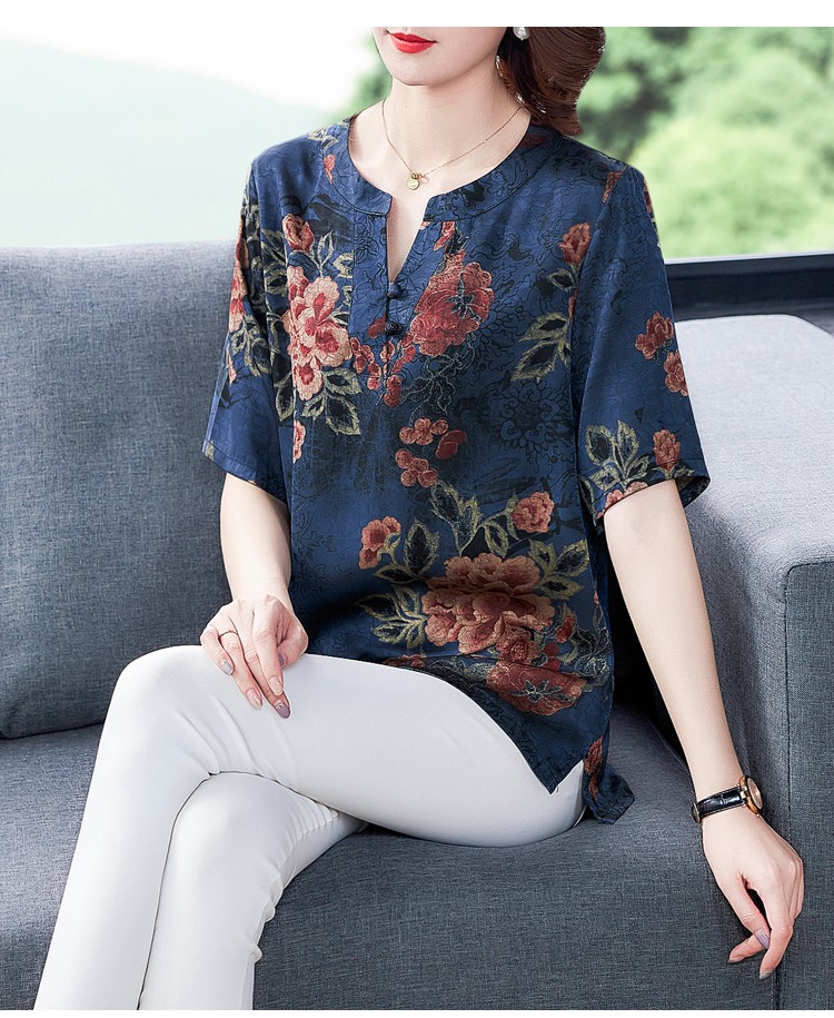 妈妈真丝中袖上衣桑蚕丝七分袖衬衫中老年香云纱大码女装半袖高 