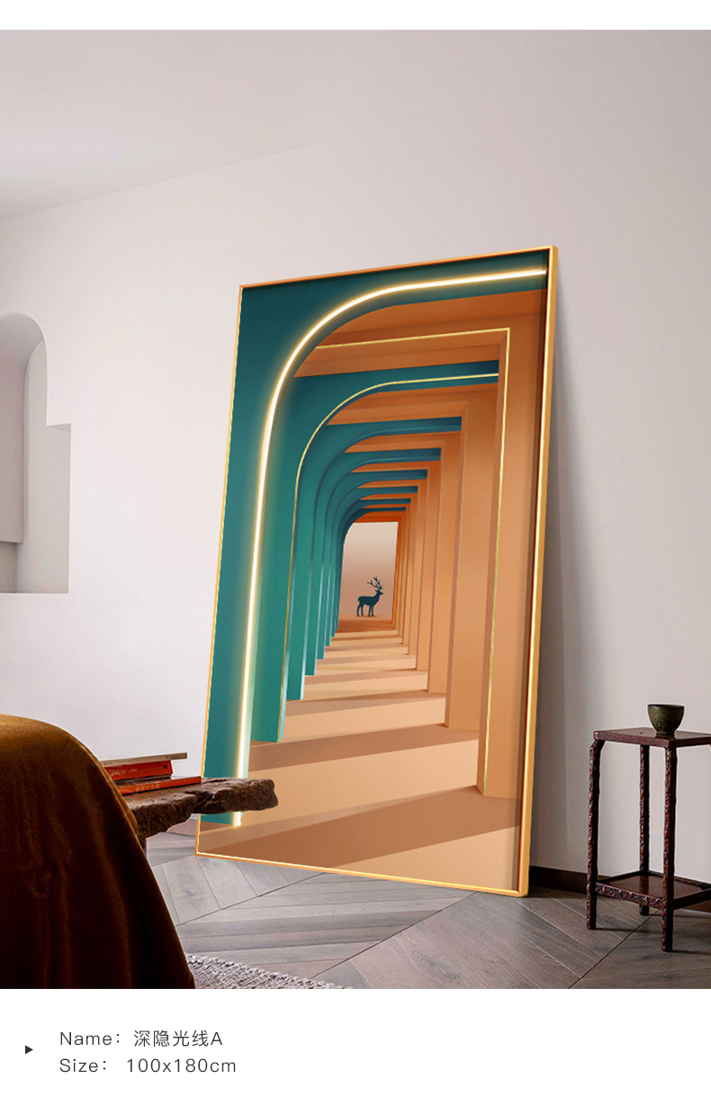 高端轻奢玄关装饰画带灯现代轻奢建筑led灯带装饰画玄关走廊过道挂画