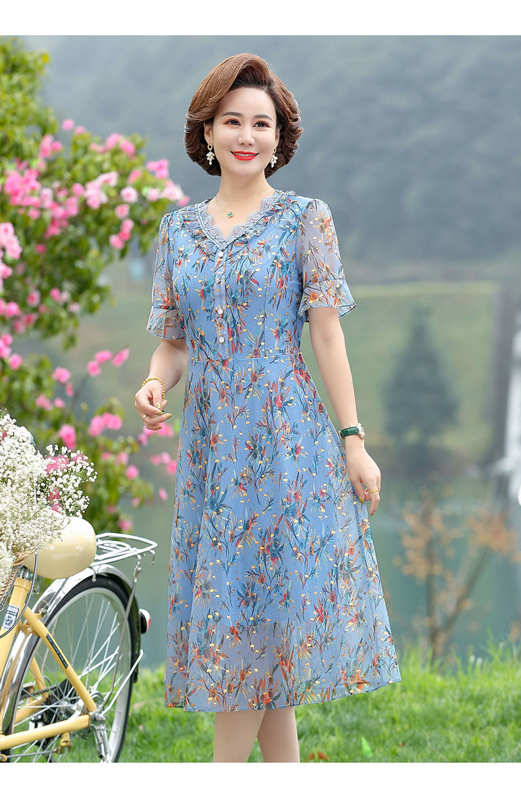 雪纺连衣裙夏季款女士式裙子收腰显瘦女遮肚子夏天时尚减龄中老年人