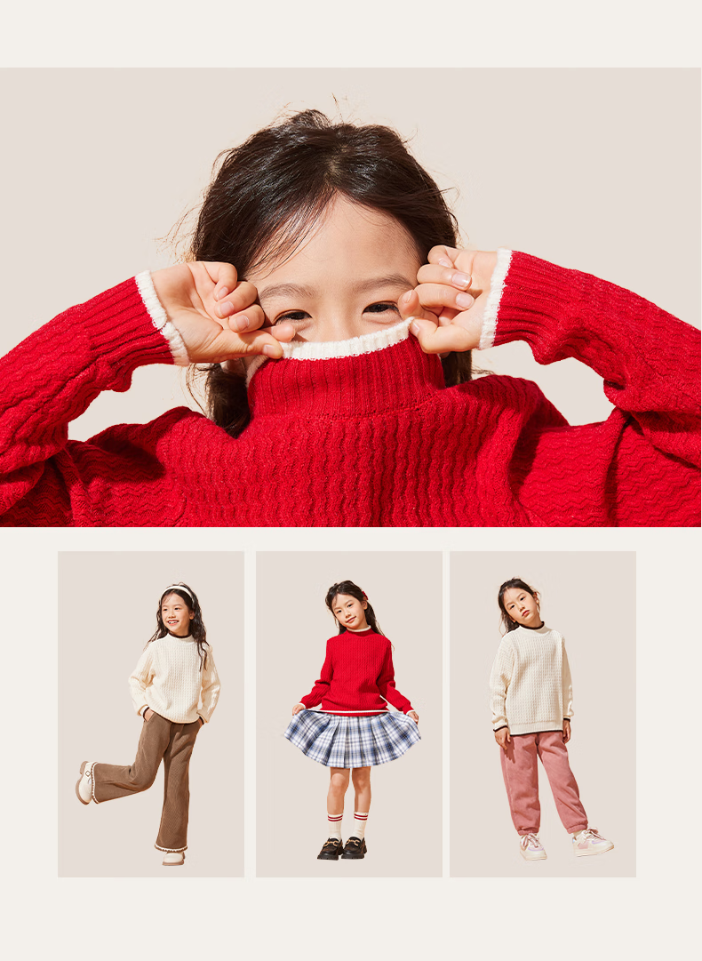 Jeanswest Children's Sweater, 2025 Girls' Knitted Sweater, Red New Year's Outfit, Boys' Autumn And Winter Warm Clothing, Mid to Big Kids' Top 10