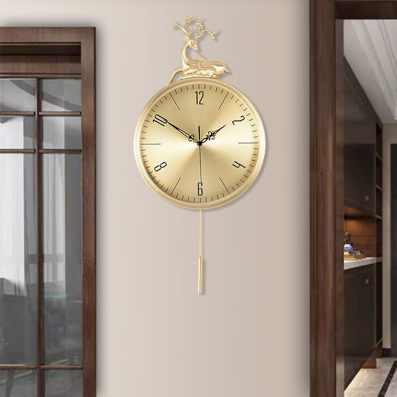 高档轻奢纯铜钟表挂钟全铜客厅静音黄铜时钟时尚家用挂墙摇摆挂表 830