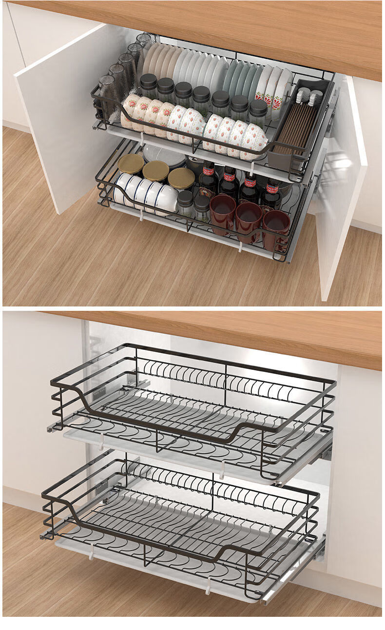 納米黑304不鏽鋼拉籃廚房櫥櫃雙層緩衝開門式碗碟碗櫃抽屜 304不鏽鋼