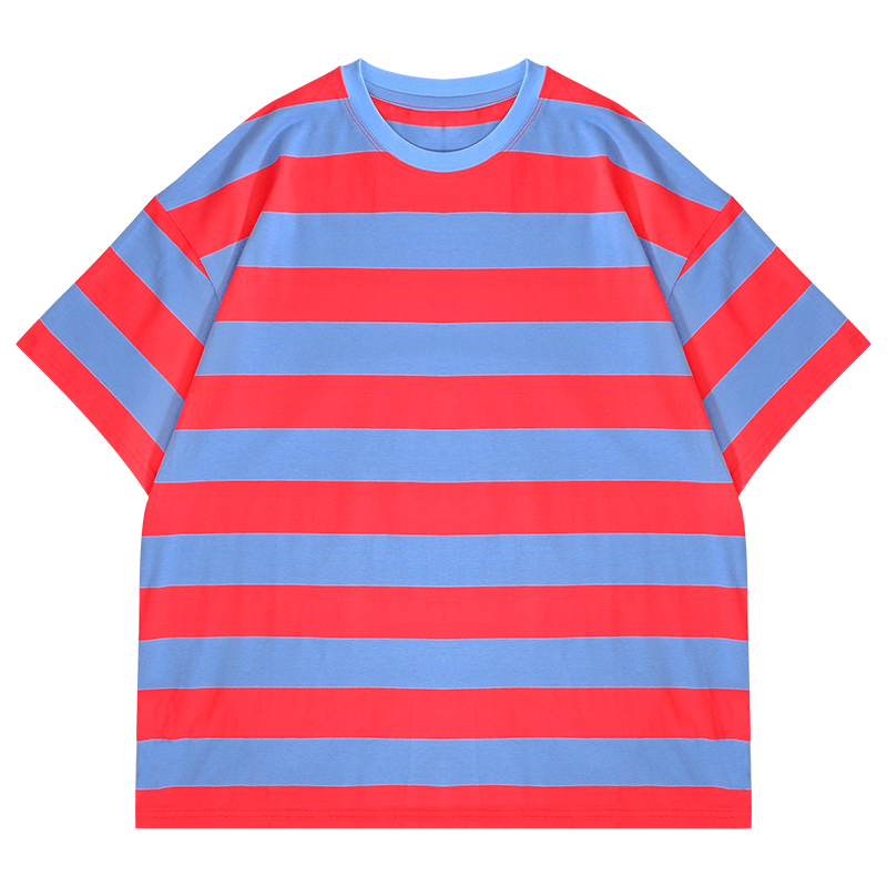 paul hualey潮牌 明星同款红蓝条纹撞色短袖t恤女宽松设计感小众圆领