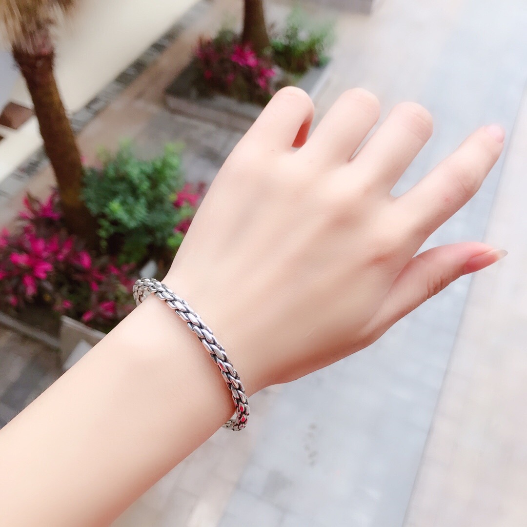 miflame足银999树藤推拉手镯麻花手工复古编织手镯女礼物刻字麻花手镯