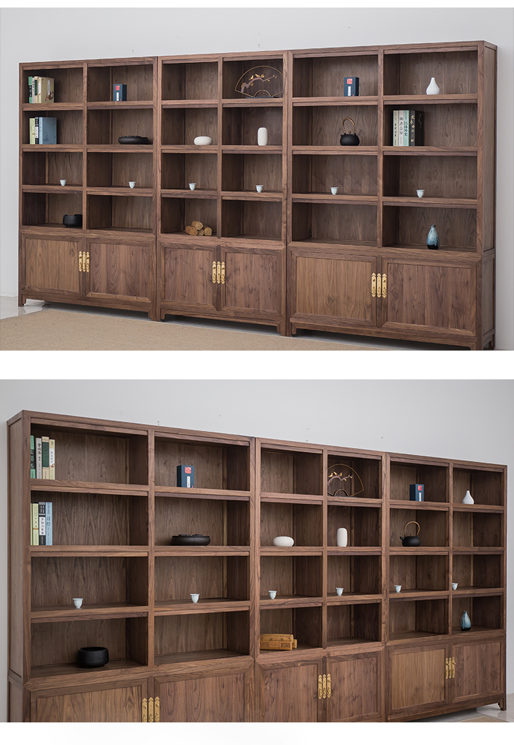 雷动新中式书柜实木整面墙整墙满墙榆木定制中式黑胡桃木整体书柜墙老
