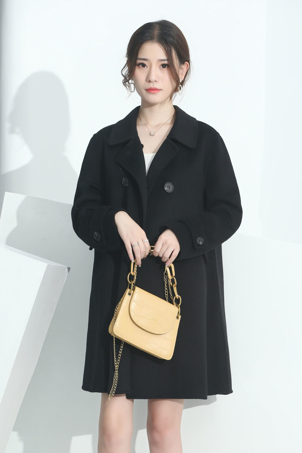 双面羊毛绒大衣女2021年新款中长款高端娃娃领小个子双面毛呢外套sn