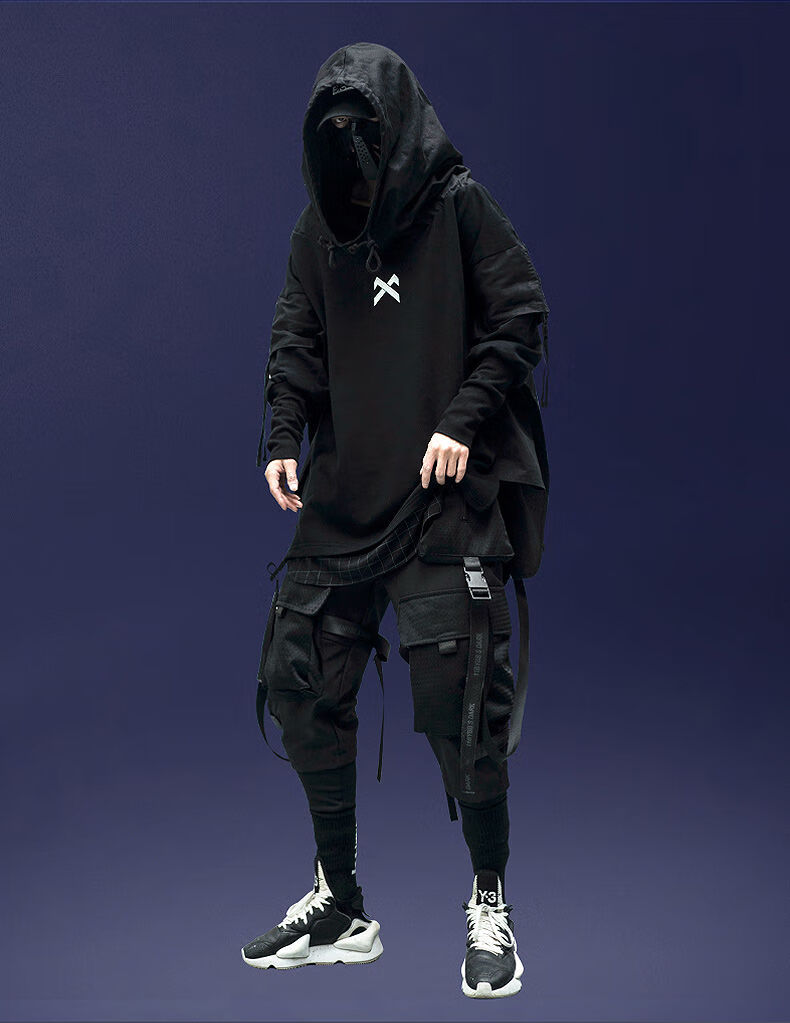 吉业重工机能风卫衣男黑色2021新款假两件鱼嘴卫衣春季连帽衫黑色m