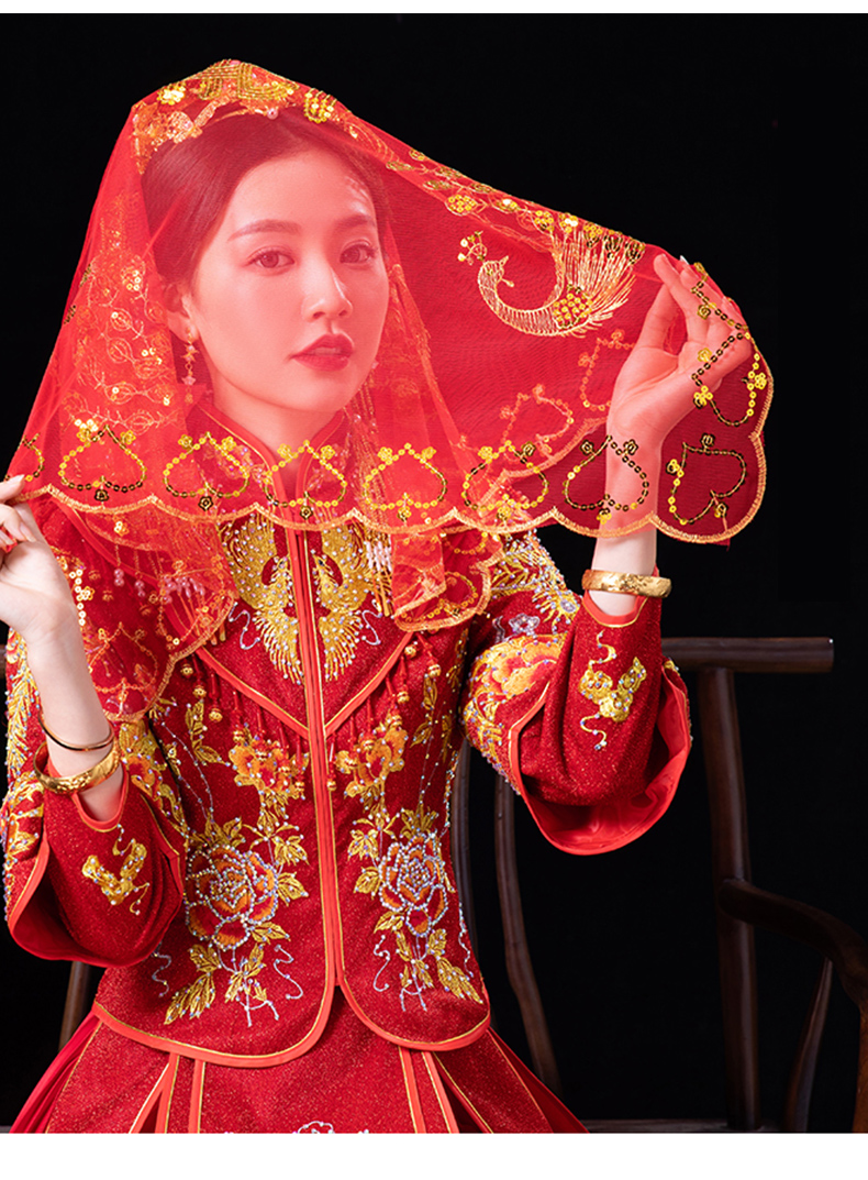 红盖头结婚新娘主婚纱中式婚礼秀禾夏季用蒙头红色喜帕半透明头纱 举