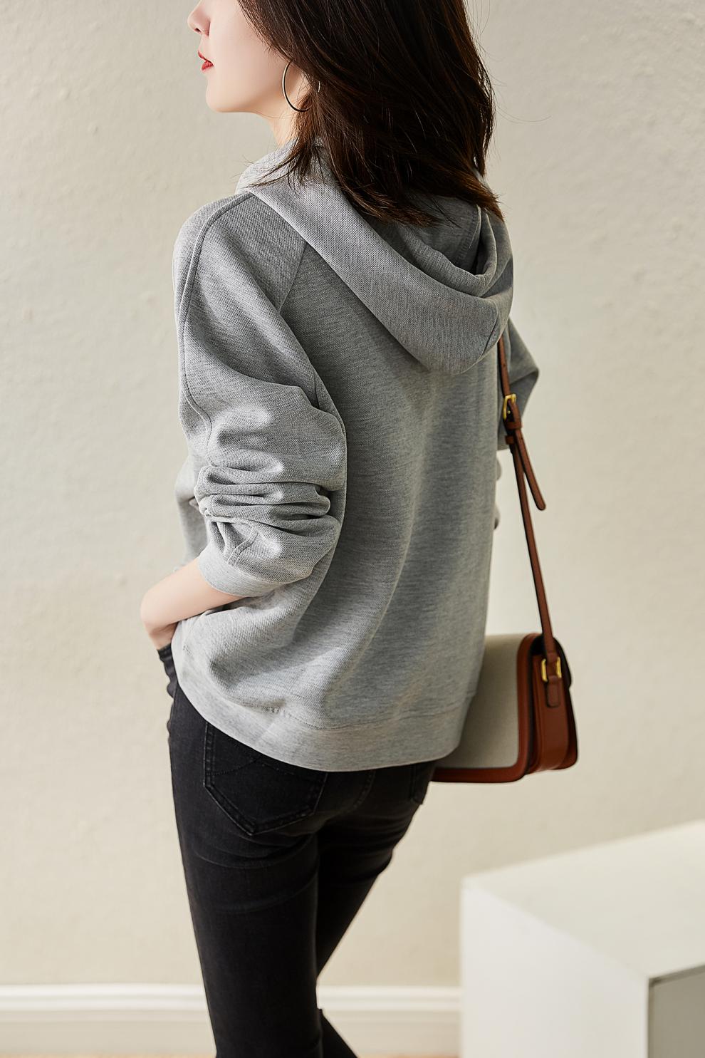 韩图朵2021新款秋装即穿即走~零压力简洁毛圈棉质抽绳连帽卫衣女cl