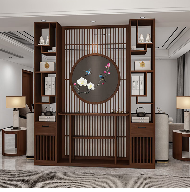 万蔻轻奢品牌新中式屏风隔断进门家用客厅餐厅置物架移动刺绣玄关简约
