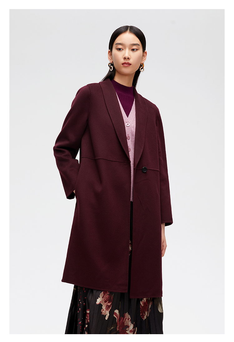 zb珍贝青果领纯羊绒双面呢大衣女中长款秋冬保暖外套显瘦潮99011酒红