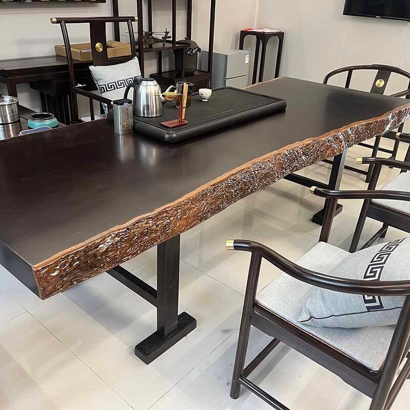 鼓歌 黑金檀实木大板桌 黑色檀木大板茶桌 办公椅组合 功夫茶几 巴花