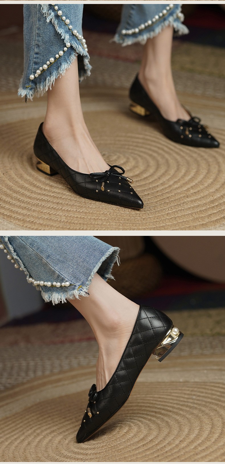 法玛莎品牌夏季新款低跟单鞋女蝴蝶结尖头铆钉羊皮浅口