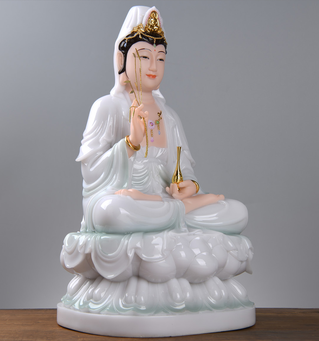 益心阁汉白玉观音佛像供奉拜佛家用坐莲观音像南海玉石观世音菩萨摆件